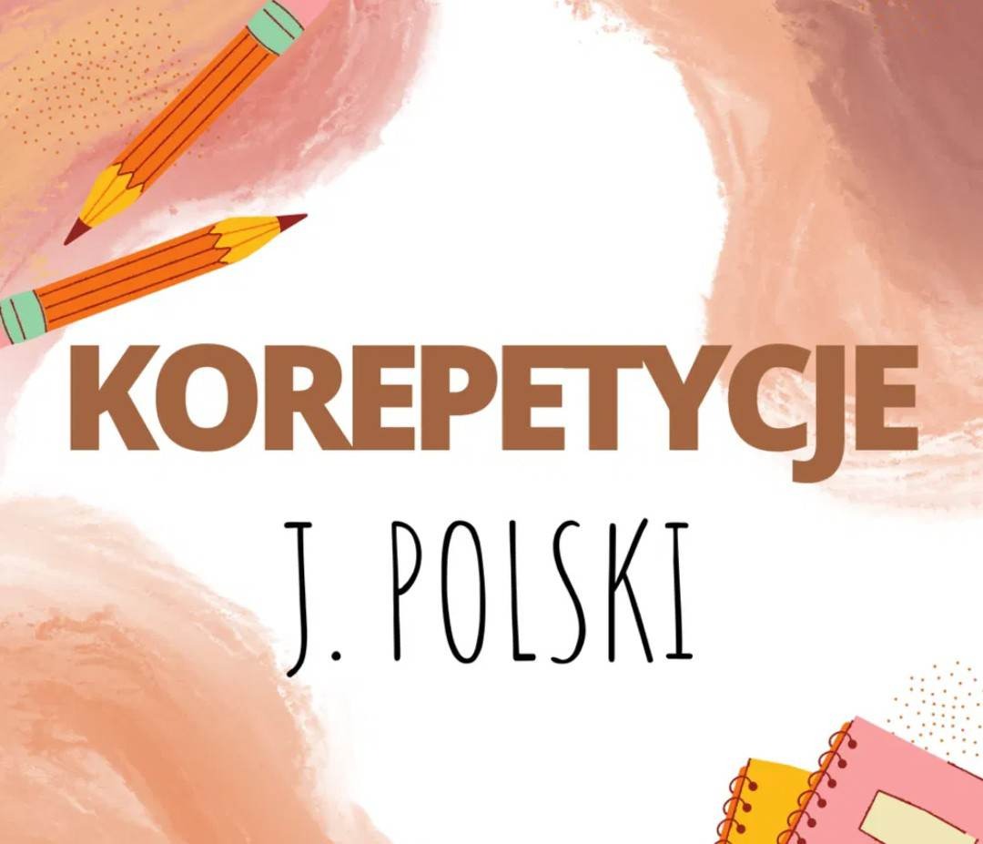 Grafika z napisem 'Korepetycje J. Polski', ozdobiona rysunkami kredek i zeszytów na tle w odcieniach brązu.
