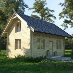 Gotowy, parterowy dom szkieletowy z ciemną dachówką, otoczony zielenią, z widocznymi dwoma donicami przy wejściu.