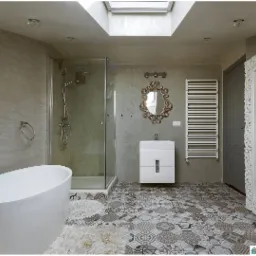 Przestronna łazienka z wolnostojącą wanną, kabiną prysznicową i wzorzystą podłogą, doświetlona oknem dachowym, lustro w ozdobnej ramie.