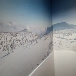 Fototapeta w rogu pokoju przedstawiająca zimowy krajobraz górski z ośnieżonymi drzewami i szczytami