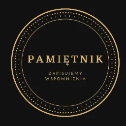 Złoty okrągły emblemat na czarnym tle z napisem 'Pamiętnik. Zapisujemy wspomnienia' w stylu retro.