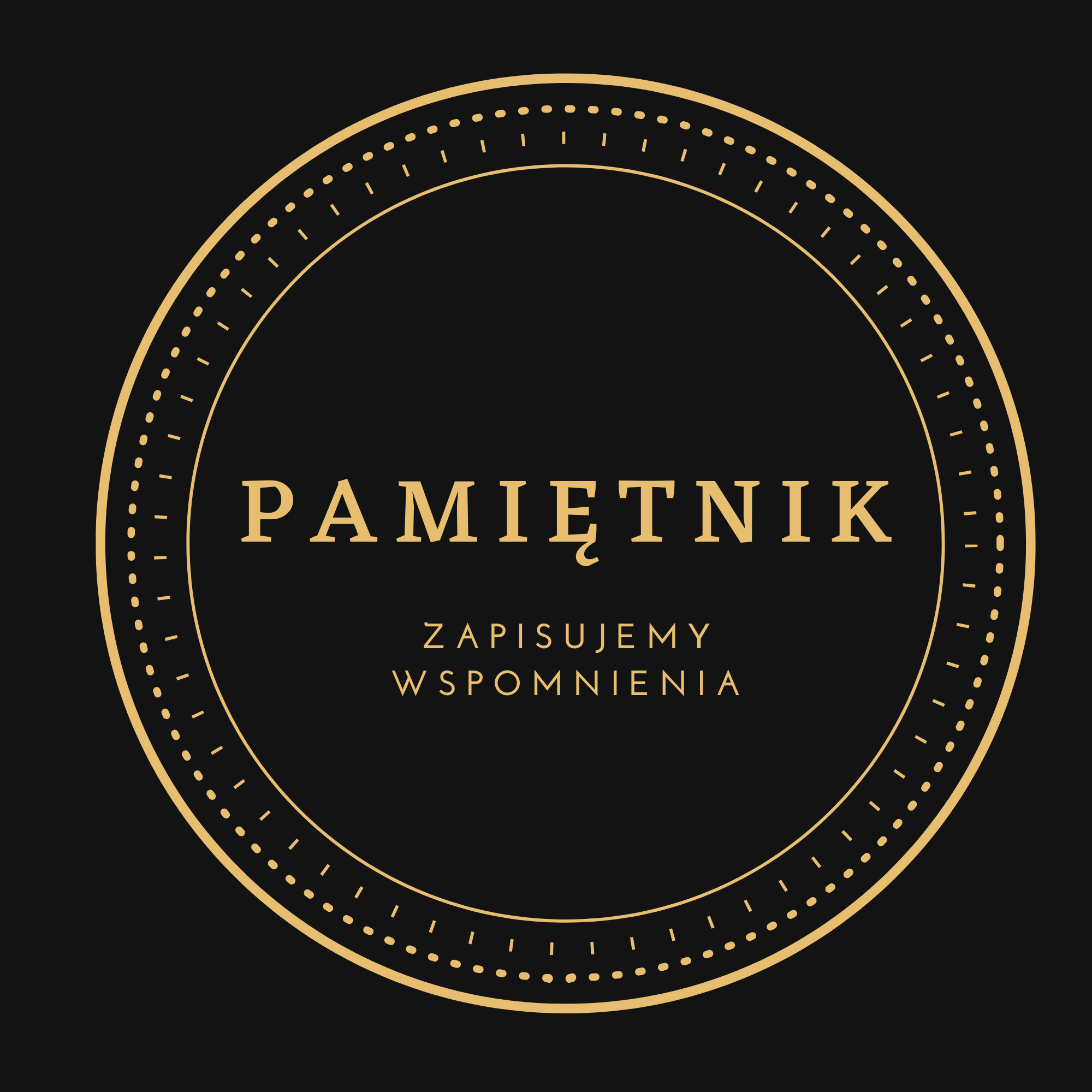 Złoty okrągły emblemat na czarnym tle z napisem 'Pamiętnik. Zapisujemy wspomnienia' w stylu retro.