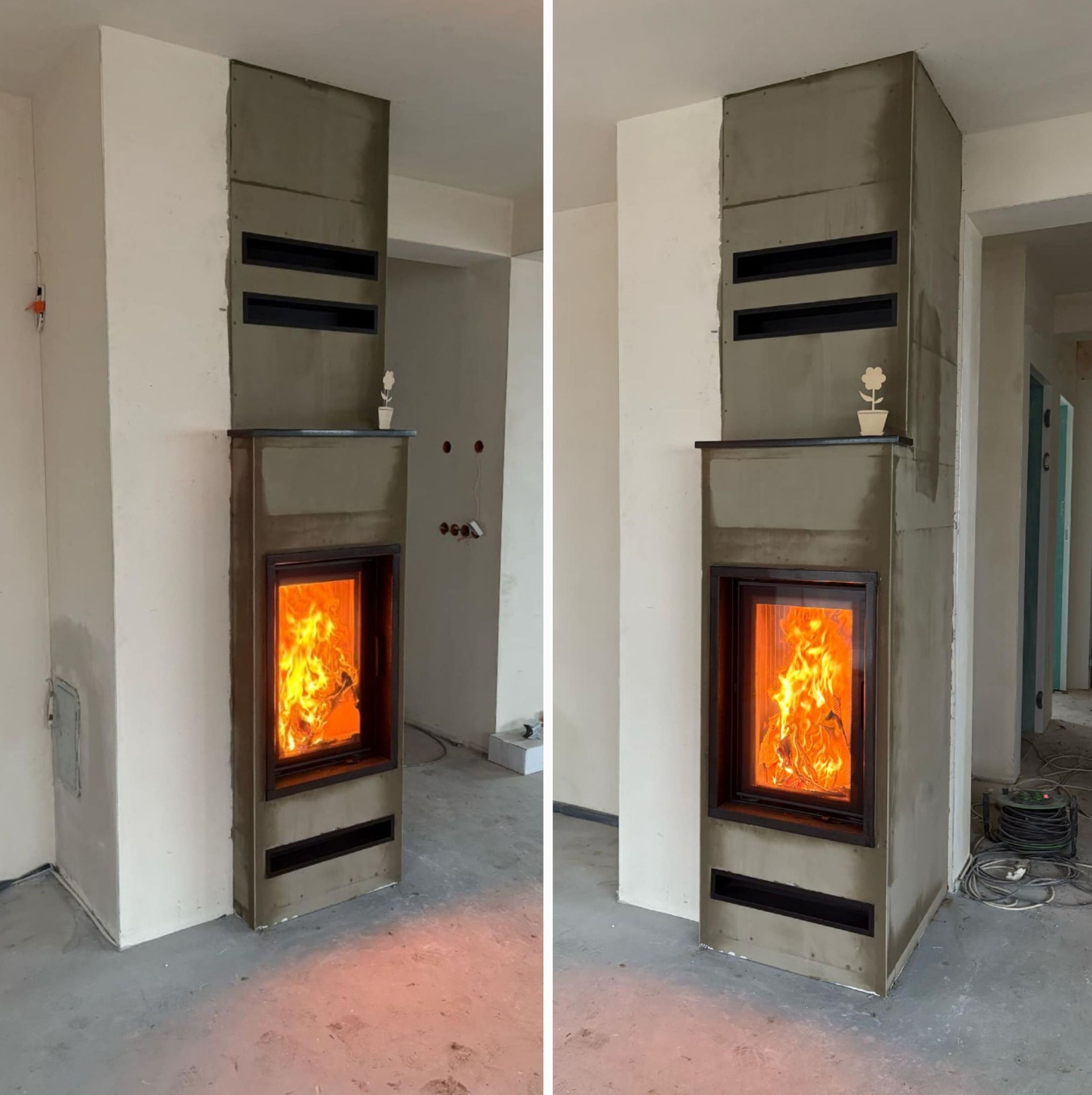 Nowoczesny kominek w trakcie wykańczania z palącym się ogniem, widok z dwóch perspektyw. Na górze kominka stoi mała ozdoba w kształcie kwiatka.