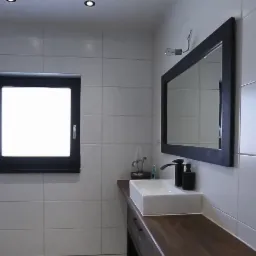 Nowoczesna łazienka z białymi płytkami, czarną ramą lustra i oknem, drewnianym blatem pod umywalką i minimalistyczną baterią.