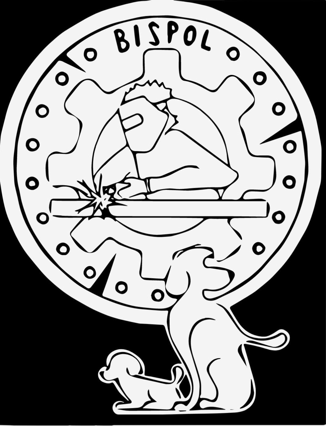 Czarno-biały rysunek przedstawiający spawacza w masce spawalniczej pracującego wewnątrz koła zębatego z napisem 'BISPOL' u góry oraz dwoma psami u dołu.