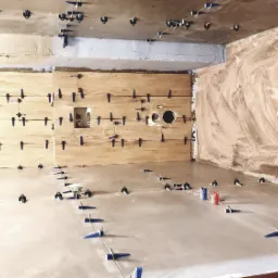 Wnętrze w trakcie remontu: częściowo ułożone płytki imitujące drewno na ścianie, ściana z naniesioną warstwą zaprawy, podłoga w trakcie poziomowania z użyciem klipsów i sznurka.