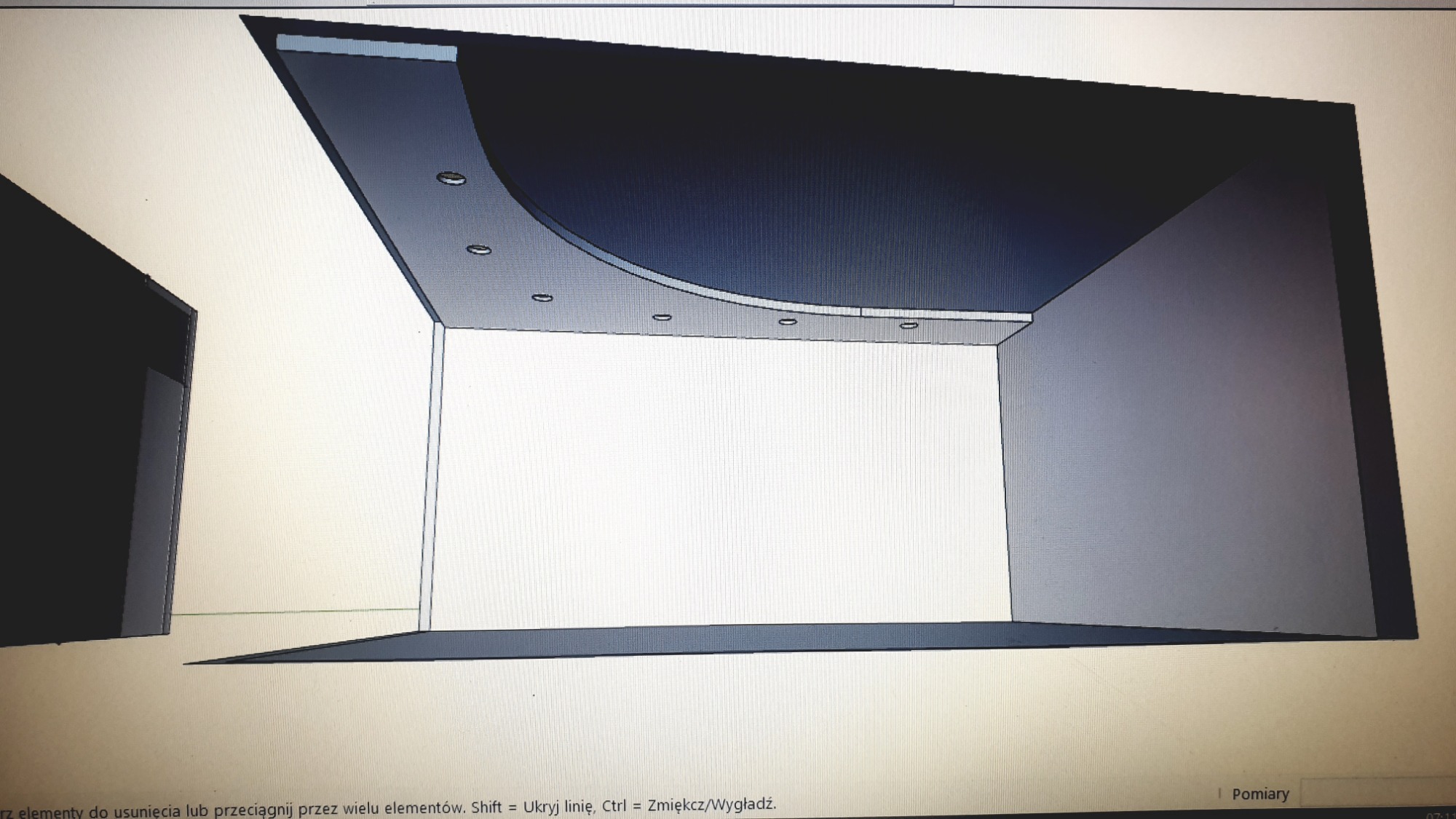 Wizualizacja 3D wnętrza z podwieszanym sufitem z oświetleniem punktowym, widok z niskiego kąta, szary odcień.