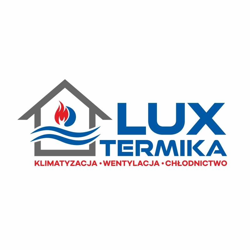 Logo firmy Lux Termika specjalizującej się w klimatyzacji, wentylacji i chłodnictwie, z symbolem domu z płomieniem i falami.