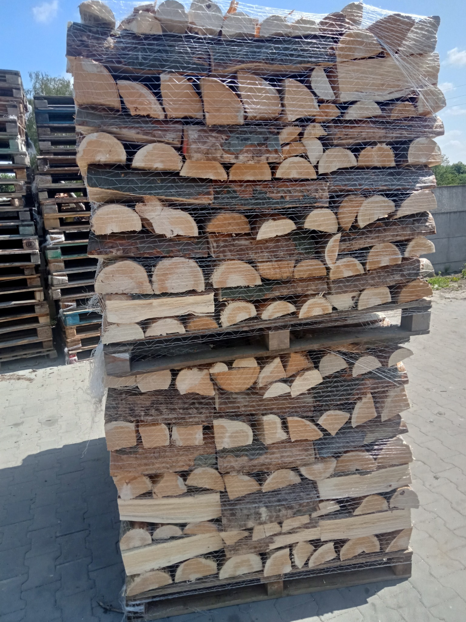 Paleta z ułożonym, pociętym drewnem, zabezpieczona siatką, gotowa do transportu, na tle betonowej nawierzchni i innych palet.