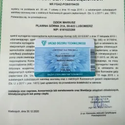 Skan certyfikatu FGAZ-O/26/00020/20 dla personelu, wystawionego przez Urząd Dozoru Technicznego dla Mariusza Marka Dzioka, uprawniającego do instalacji, naprawy, konserwacji, serwisowania...