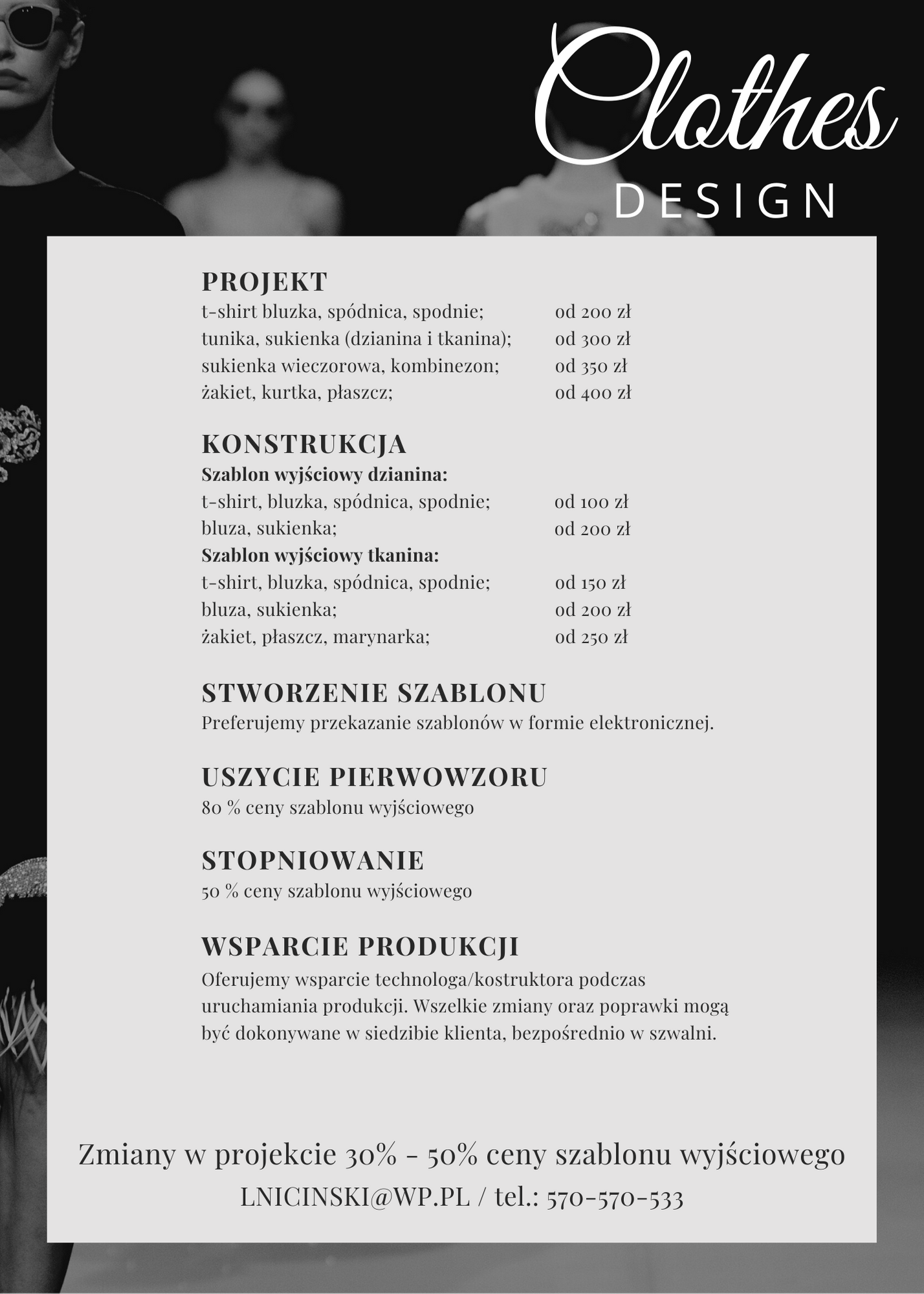 Oferta usług projektowania odzieży: projekt, konstrukcja szablonów, uszycie pierwowzoru, stopniowanie, wsparcie produkcji, z podanymi cenami i danymi kontaktowymi.