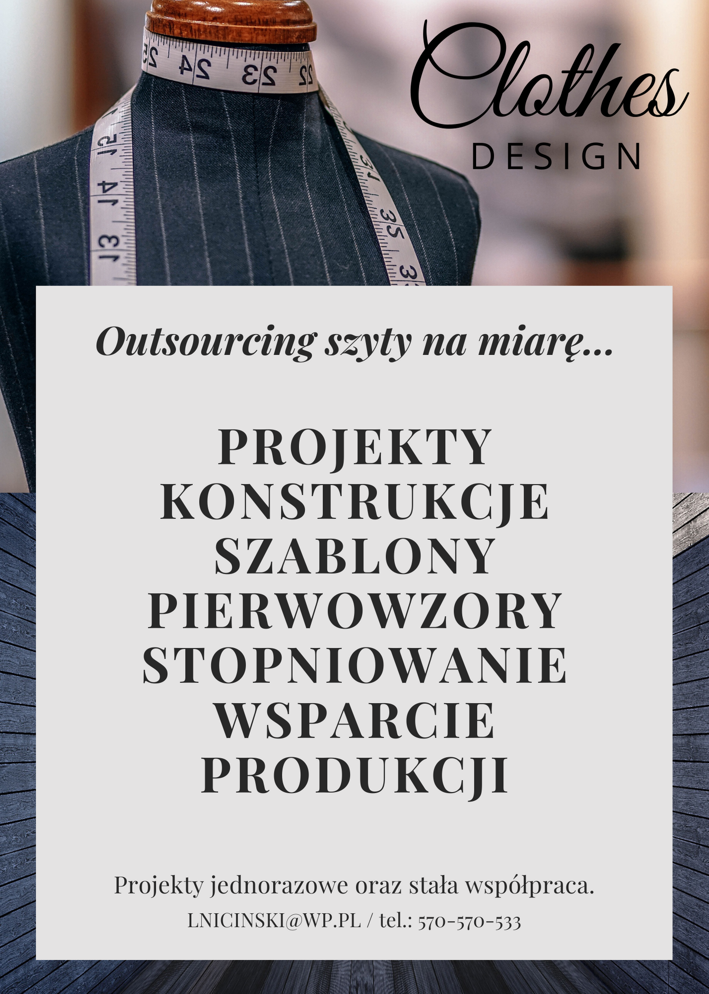 Manekin krawiecki w paski z miarą krawiecką, reklama outsourcingu szycia na miarę z projektami, konstrukcjami, szablonami, pierwowzorami, stopniowaniem, wsparciem produkcji i danymi kontaktowymi.