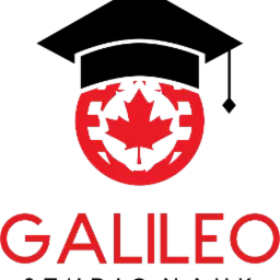 Czerwone logo Galileo z liściem klonowym w stylizowanej tarczy na czarnym tle.