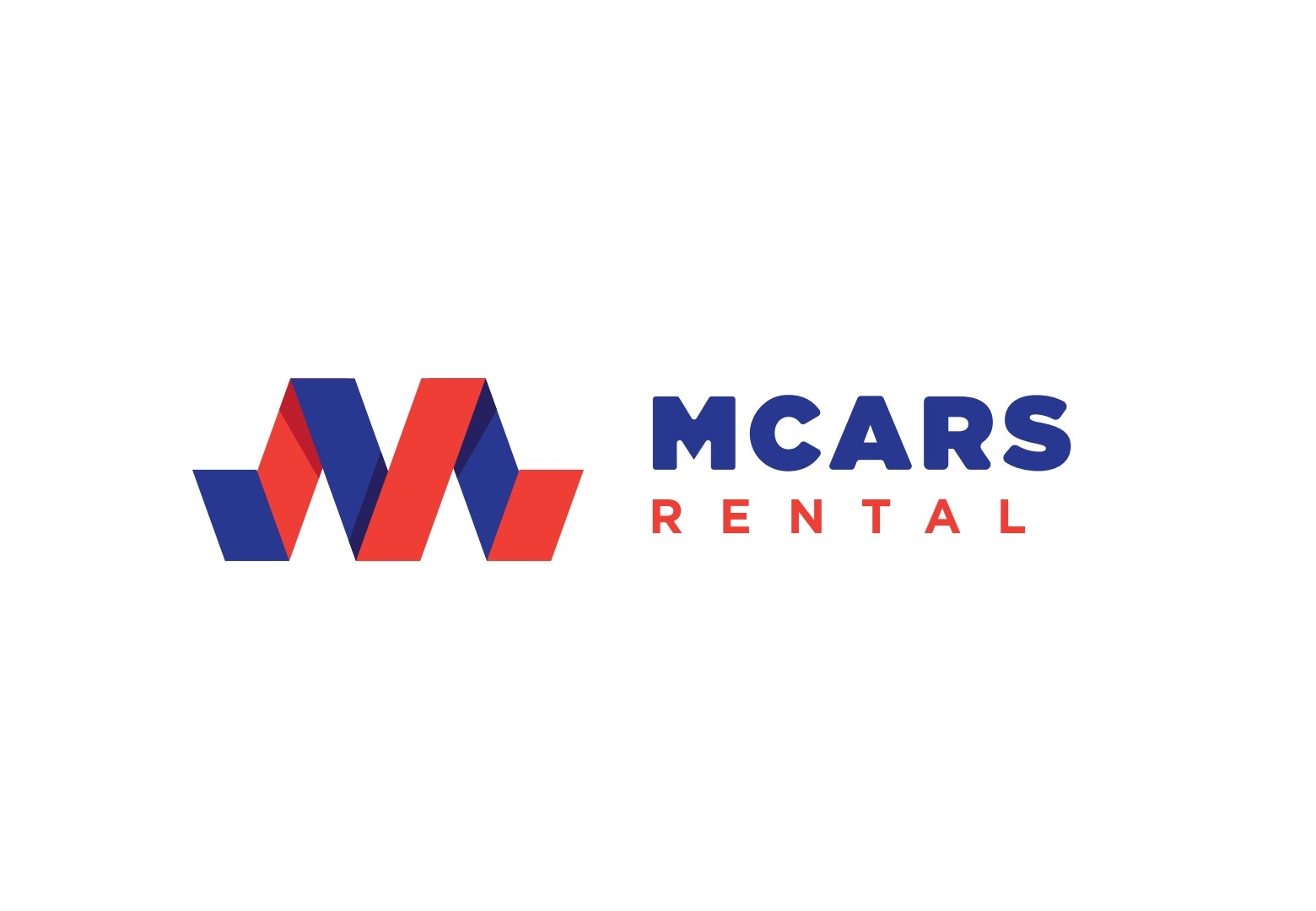 Logo firmy MCARS Rental z abstrakcyjnym symbolem litery M w kolorach niebieskim i czerwonym.
