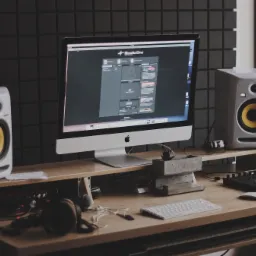 Stanowisko pracy w domowym studiu: komputer iMac z uruchomionym programem Studio One, monitory studyjne Rokit, klawiatura MIDI, słuchawki i interfejs audio na drewnianym biurku z akustyczną ścianą...