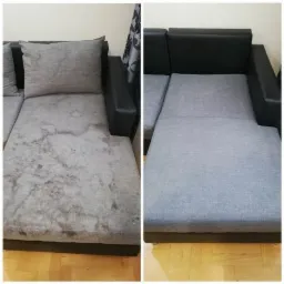 Porównanie stanu kanapy przed i po czyszczeniu: widoczne plamy i zabrudzenia po lewej stronie oraz czysta, szara tapicerka po prawej.