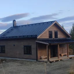 Nowoczesny, parterowy dom z drewnianą elewacją i ciemnym, metalowym dachem na tle leśnego krajobrazu o zmierzchu.