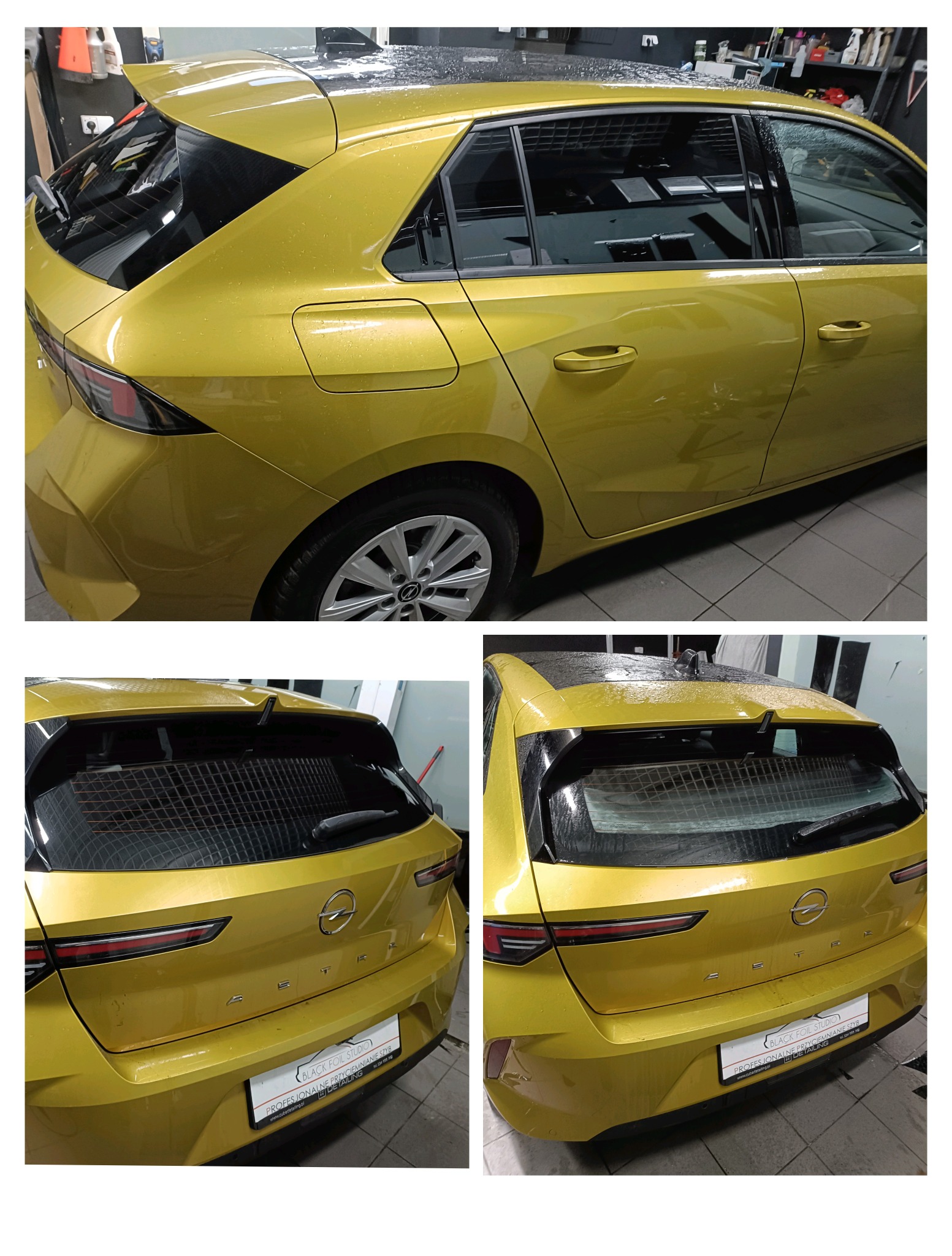 Żółta Opel Astra po przyciemnianiu szyb, widoczne ciemne szyby boczne i tylna. Na karoserii widoczne krople wody. Ujęcie z boku i z tyłu.