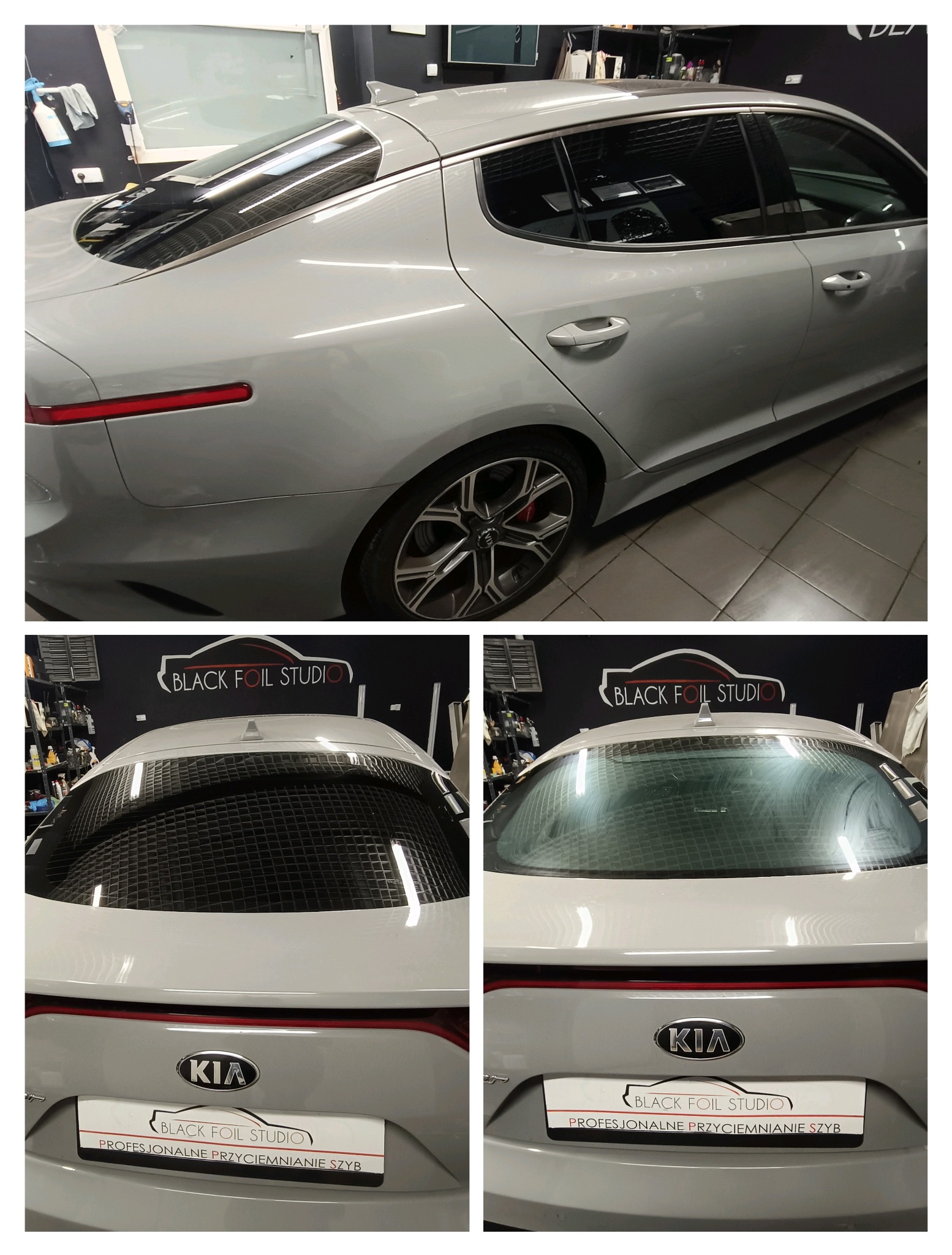 Szary samochód Kia Stinger po przyciemnieniu szyb, widoczne tylne okno przed i po zabiegu. Na dole tabliczka z napisem 'Profesjonalne przyciemnianie szyb'.
