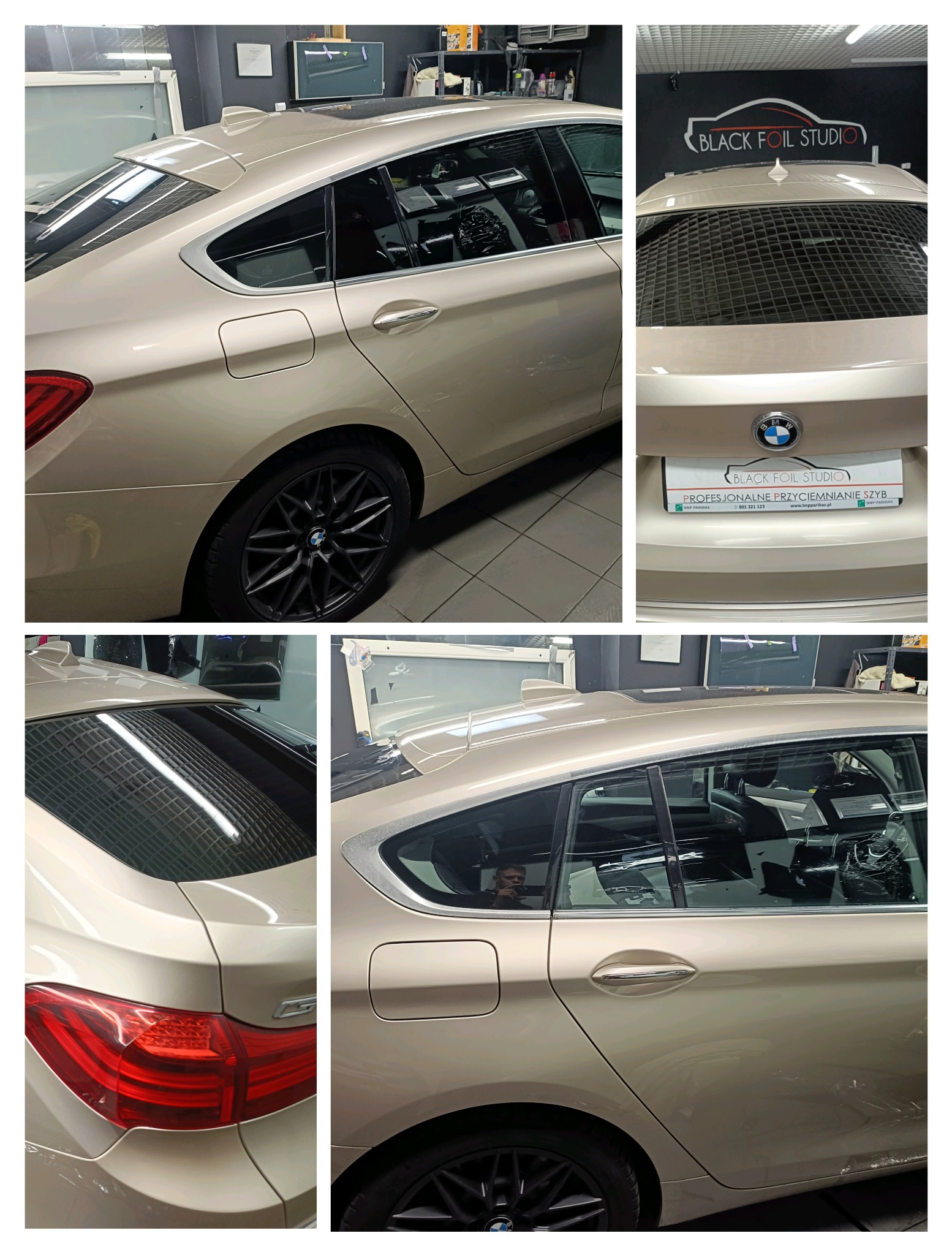 Beżowe BMW GT po przyciemnianiu szyb w Black Foil Studio. Widoczne logo firmy na tylnej szybie. Ciemne szyby kontrastują z jasnym lakierem.