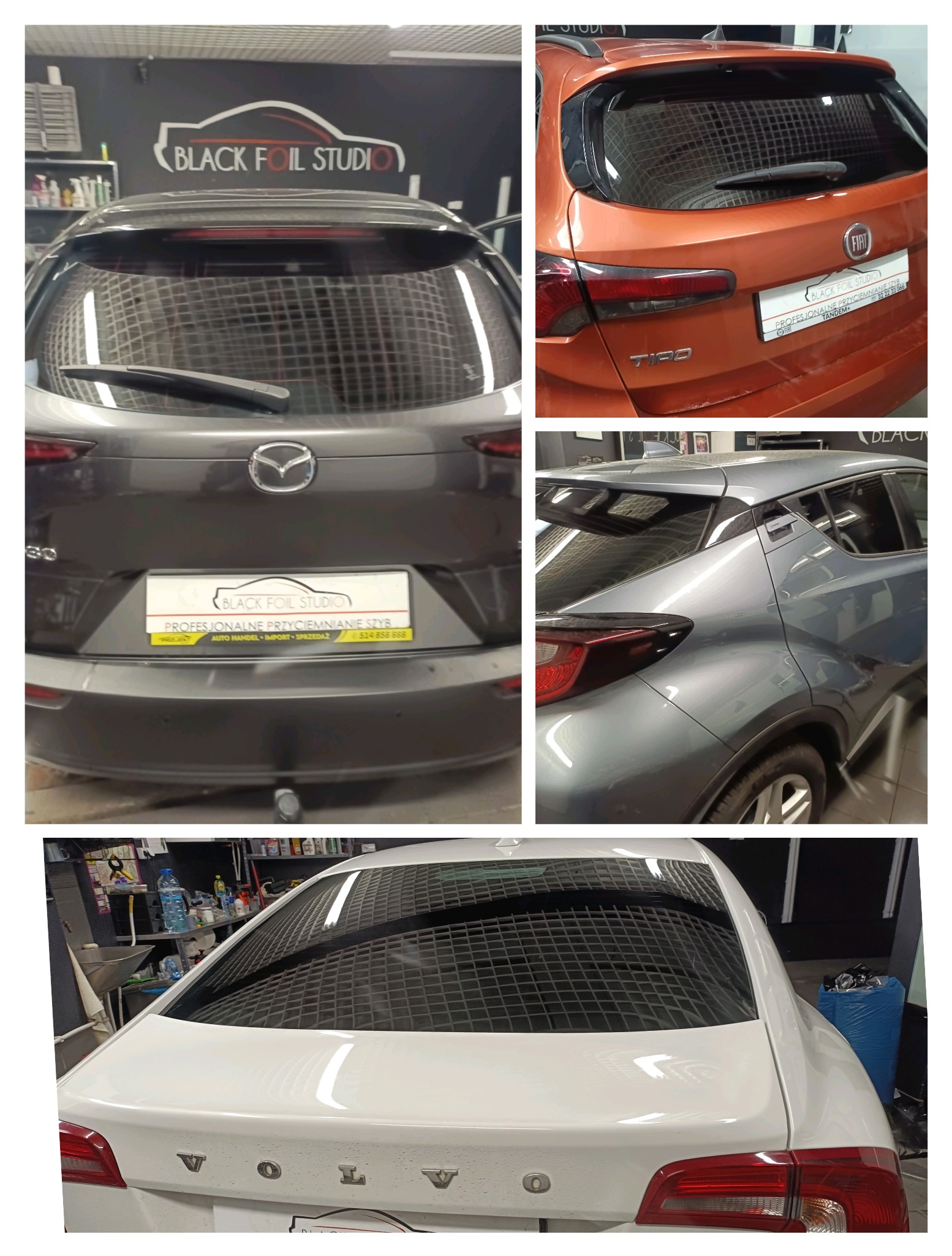 Kolaż czterech samochodów (Mazda, Fiat, Toyota, Volvo) z przyciemnionymi tylnymi szybami w warsztacie Black Foil Studio. Widoczne tablice z nazwą firmy.