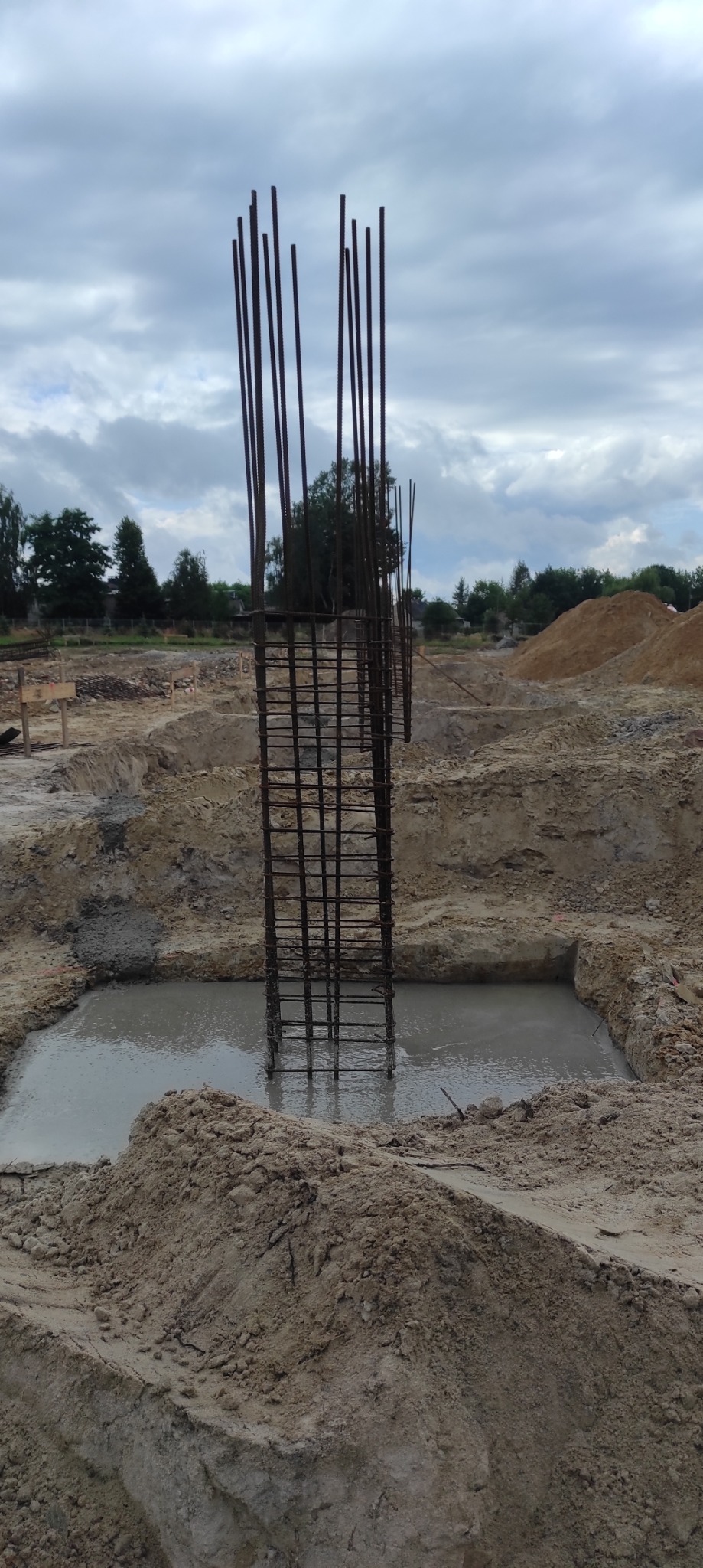 Zbrojenie pionowe kolumny zalane betonem w wykopie fundamentowym na placu budowy, widoczne drzewa i pochmurne niebo w tle.