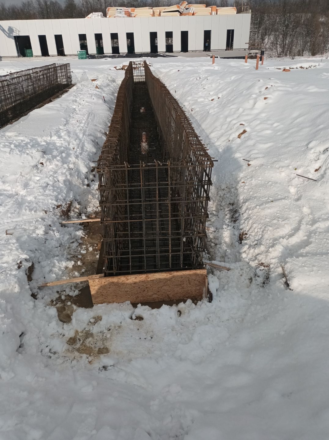 Zbrojenie fundamentów w wykopie zasypanym śniegiem, widoczne deski szalunkowe i budynek w tle.