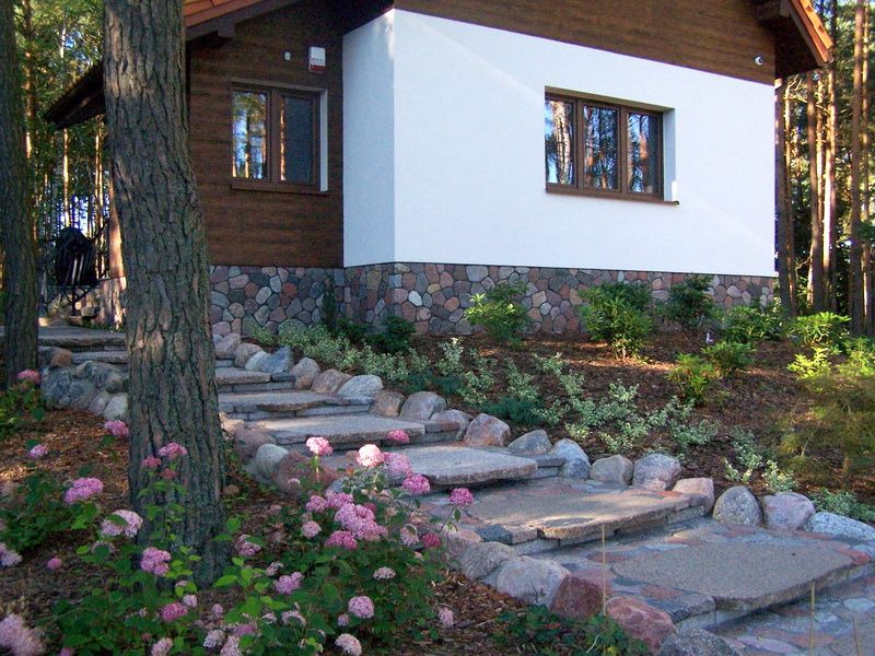 Kamienne schody prowadzące do domu z elewacją wykończoną kamieniem, otoczone zielenią i kwitnącymi hortensjami.