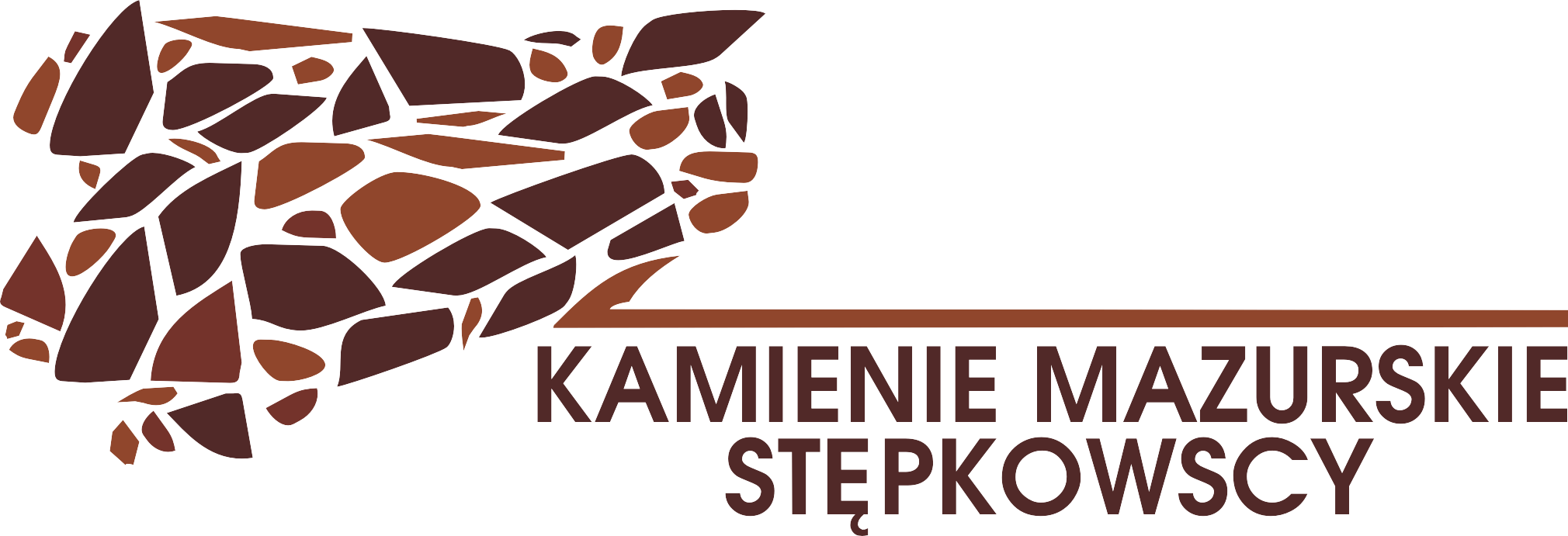 Logo firmy Kamienie Mazurskie Stępkowscy z abstrakcyjną grafiką ułożonych kamieni w odcieniach brązu.
