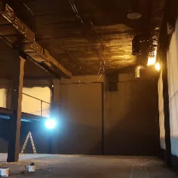 Wnętrze hali w trakcie prac, z pomalowanym na czarno sufitem i ścianami w szarości, widoczne drabiny, puszki z farbą i agregat malarski.