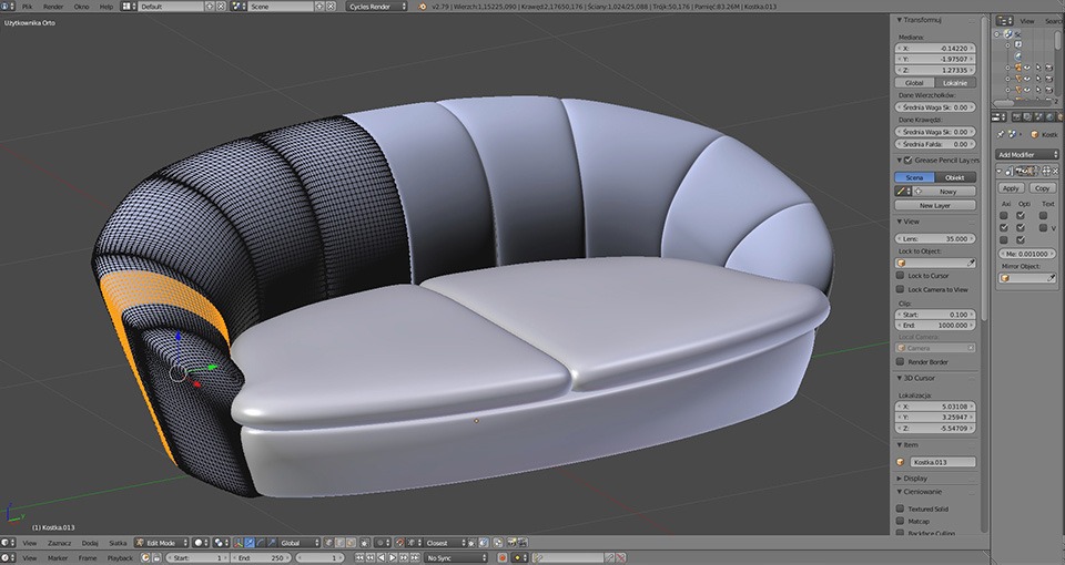 Model 3D półokrągłej sofy w programie do modelowania, widoczne siatki i parametry edycji.