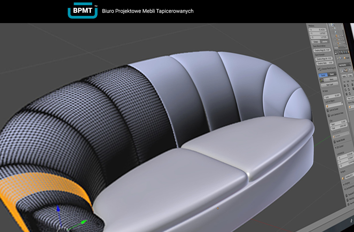 Wizualizacja 3D sofy tapicerowanej w programie graficznym, widoczne siatki i narzędzia edycji.