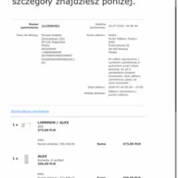 Zrzut ekranu potwierdzenia zamówienia w IKEA na biurko LINNMON/ALEX i komodę ALEX z wyszczególnionymi cenami i danymi zamówienia.