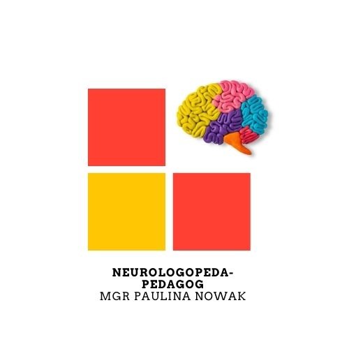Logo neurolopedy-pedagoga mgr Pauliny Nowak z kolorowym modelem mózgu z plasteliny i czterema kwadratami: dwoma czerwonymi i jednym żółtym.