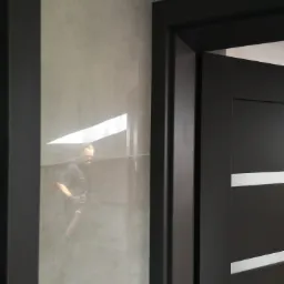 Ciemne drzwi wewnętrzne z poziomymi, jasnymi wstawkami, widoczne z boku; na ścianie odbija się sylwetka osoby z narzędziem.