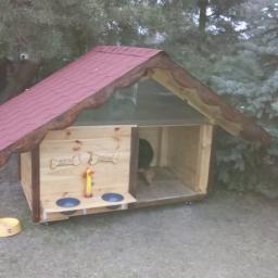 Robkalwik - Drewniana buda dla psa z czerwonym dachem, dwoma miskami i zabawką na zewnątrz, z imionami Doda i Sonia wygrawerowanymi na ścianie, częściowo widoczny pies w środku, na tle drzew