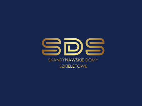 Złote logo firmy SDS na granatowym tle, z napisem 'Skandynawskie Domy Szkieletowe' pod inicjałami.