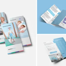 Zestaw trójdzielnych broszur informacyjnych Medicus Clinic z ilustracjami, prezentujących usługi medyczne z zakresu endokrynologii, leczenia zawrotów głowy, chrapania, diagnostyki i alergii.