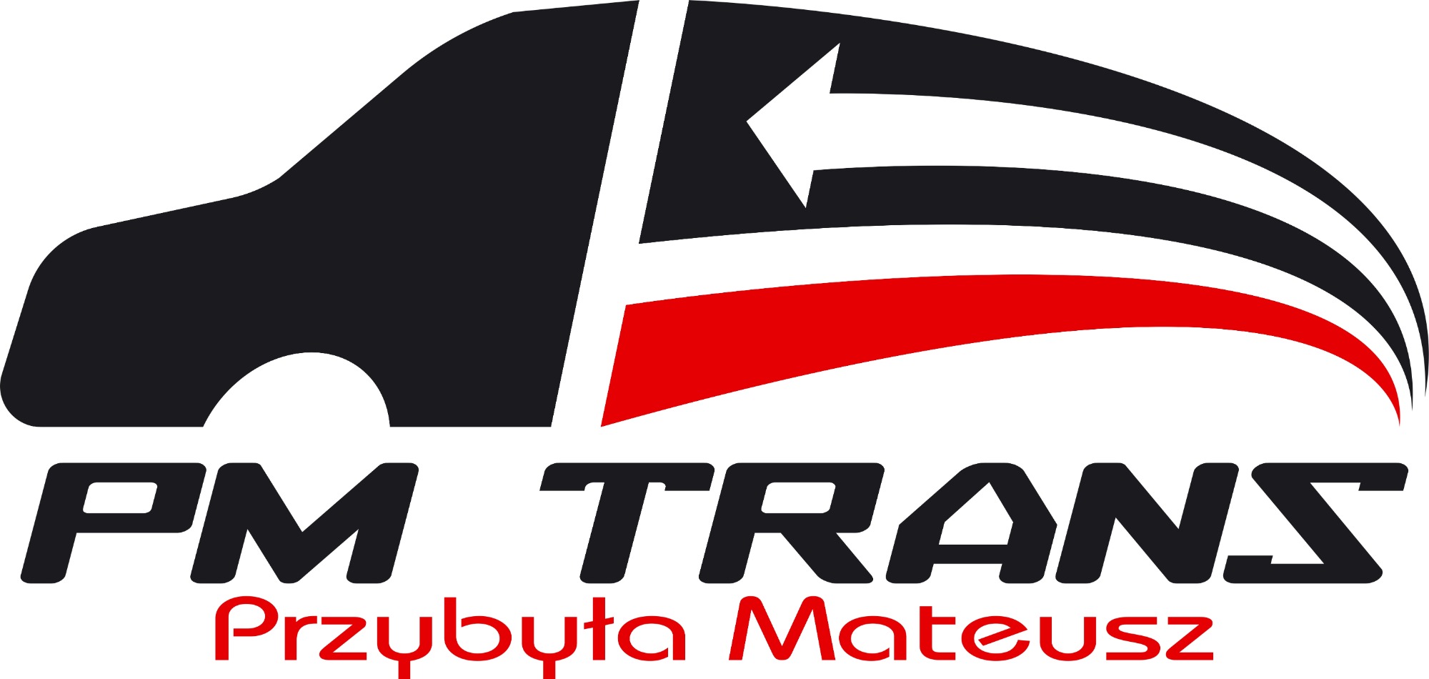 Logo firmy transportowej PM TRANS Przybyła Mateusz, stylizowany czarny profil samochodu z biało-czerwonymi elementami graficznymi symbolizującymi ruch.