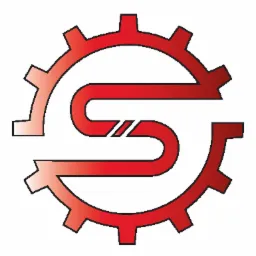 Czerwony gradientowy logotyp firmy w kształcie litery S wpisanej w zębatkę.