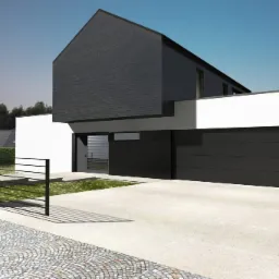 Wizualizacja nowoczesnego domu jednorodzinnego z czarną elewacją z łupka, białymi ścianami i czarną bramą garażową, widok z poziomu podjazdu wyłożonego kostką.