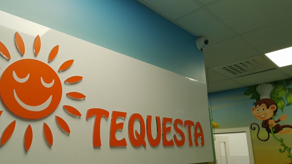 Kamera monitoringu zamontowana w rogu pomieszczenia, widoczny fragment ściany z pomarańczowym logo firmy 'TEQUESTA' w kształcie słońca i małpą w czapce kucharskiej na ścianie w tle.