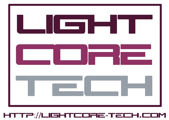 Logo firmy Light Core Tech z nazwą w kolorach fioletowym i szarym oraz adresem strony internetowej, umieszczone w bordowej ramce.