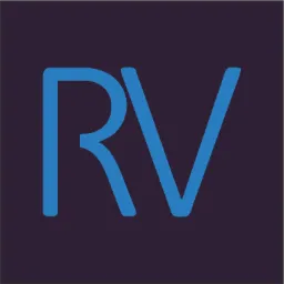 Logo firmy z inicjałami RV w kolorze niebieskim na ciemnofioletowym tle.