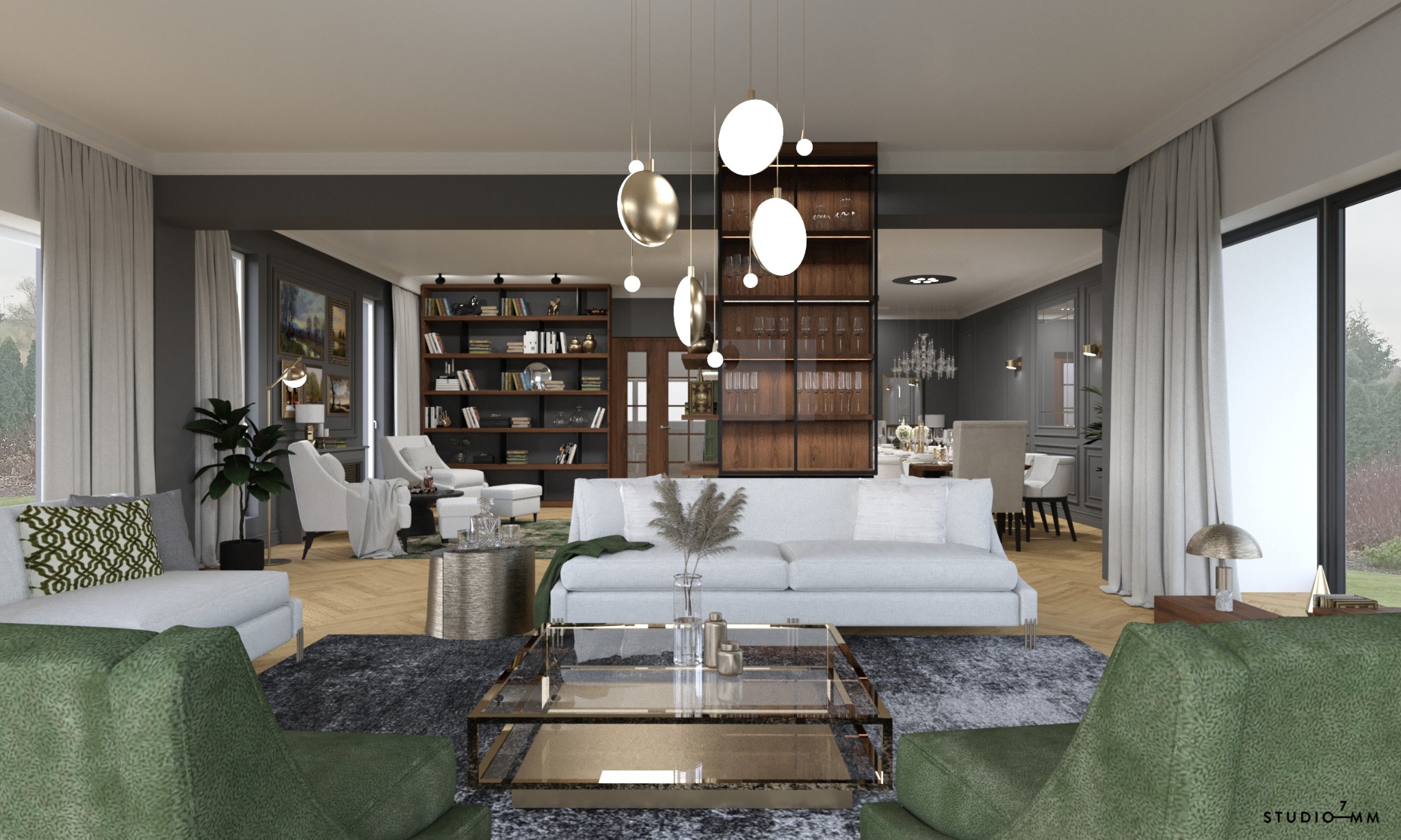 Wnętrze przestronnego salonu z otwartą przestrzenią jadalną, urządzone w stonowanej kolorystyce szarości, bieli i zieleni, z elementami złota w oświetleniu i stoliku kawowym. Na pierwszym planie...