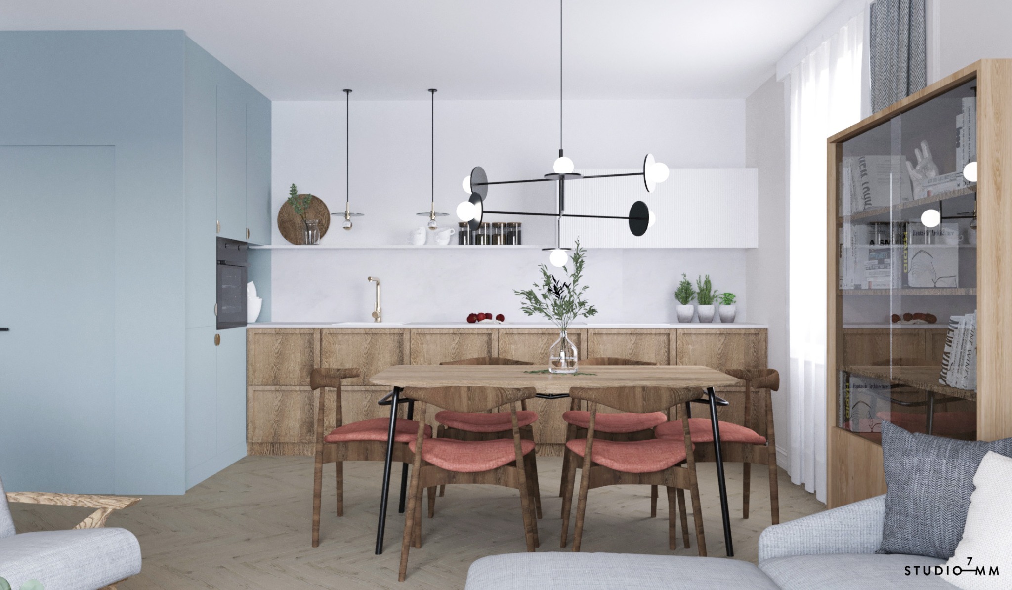 Wizualizacja wnętrza: jadalnia z drewnianym stołem i krzesłami z różowymi siedziskami, nowoczesna lampa wisząca, zabudowa kuchenna z drewnianymi frontami, przeszklona witryna z książkami...