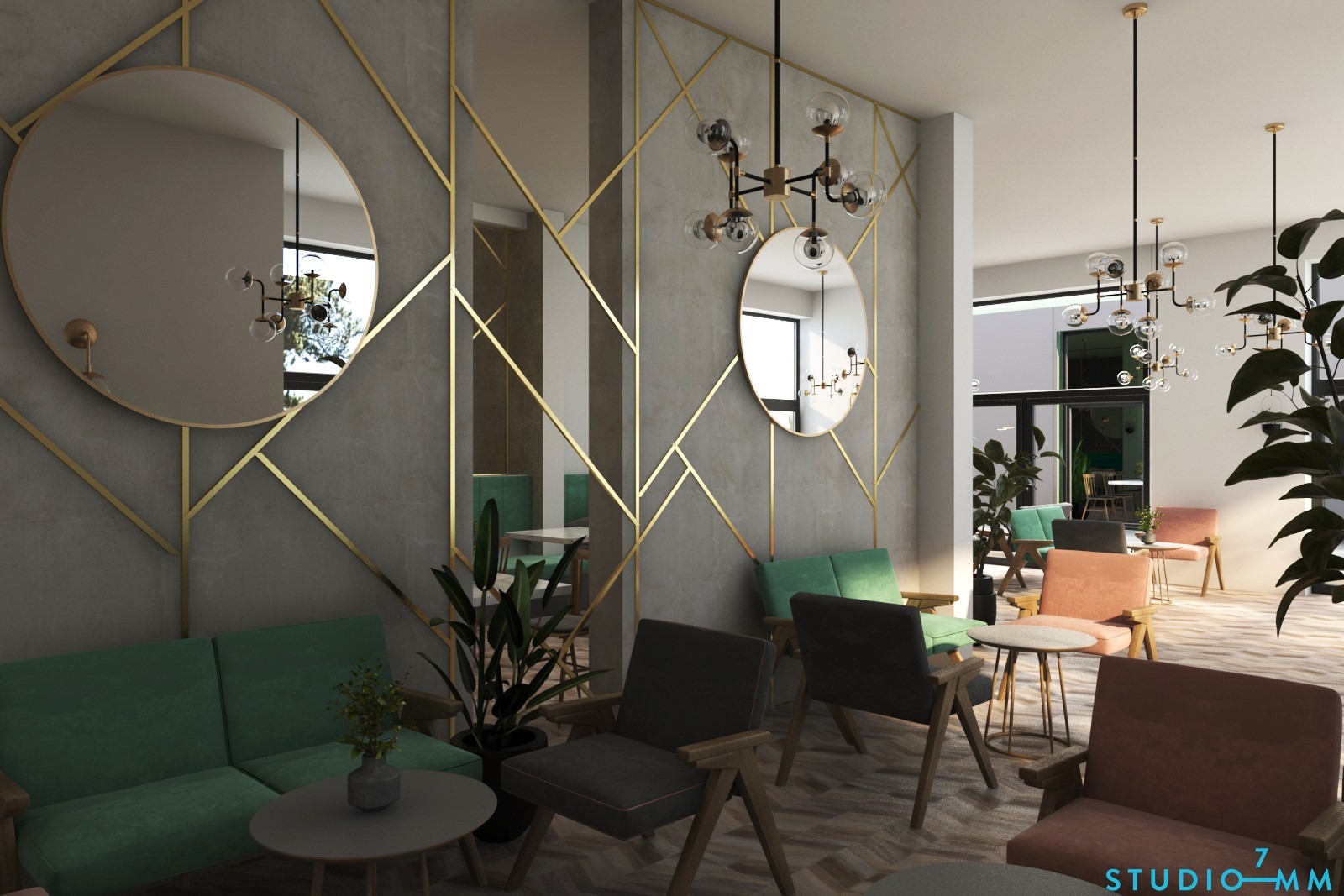 Wnętrze kawiarni z szarą ścianą ozdobioną złotymi geometrycznymi wzorami i okrągłymi lustrami, zielona sofa, szare i brzoskwiniowe fotele, drewniana podłoga w jodełkę, nowoczesne lampy wiszące...