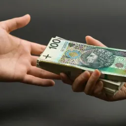 Dwie dłonie wymieniające się plikiem banknotów 100 zł na ciemnym tle, widoczny fragment marynarki.