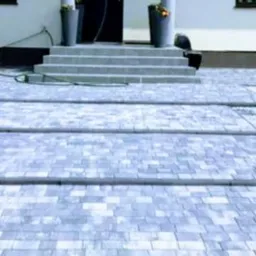 Nowoczesne podejście do domu z szarej kostki brukowej, prowadzące do wejścia z kolumnami i czarnymi drzwiami, donice z kwiatami po bokach schodów.