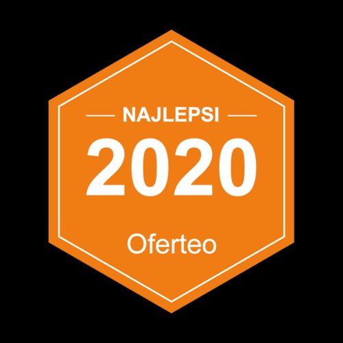 Pomarańczowy sześciokąt z białym obramowaniem i napisem 'NAJLEPSI 2020 Oferteo' na czarnym tle.